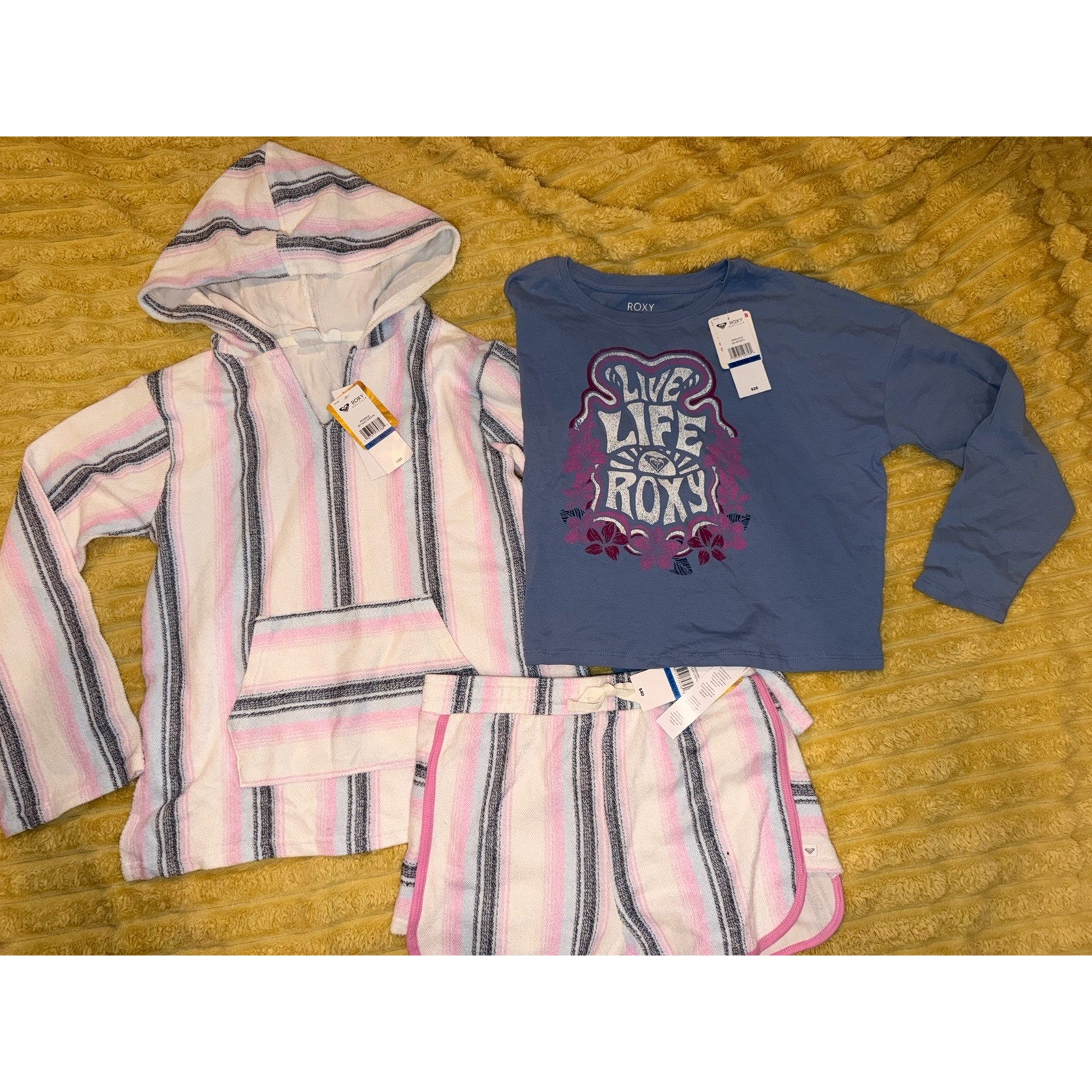 Nwt Big Girls Roxy Daydreamin Striped Terry Baja Hoodie Shorts Shirt Xl 14/16